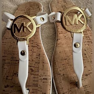 Michael Kors MK Logo Cork Thong Sandals | White & Gold | Size 8